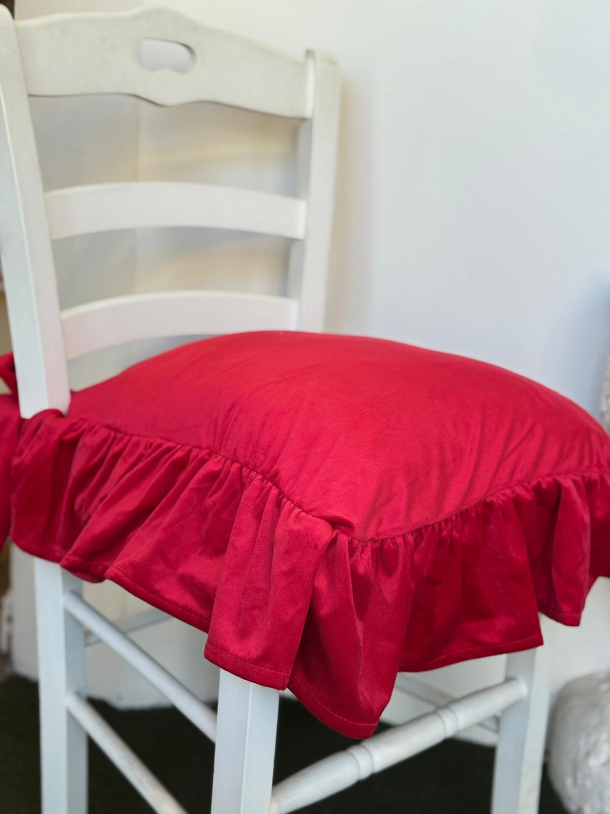 Cuscino da sedia in velluto rosso con balza - 45x45 cm - Clodette